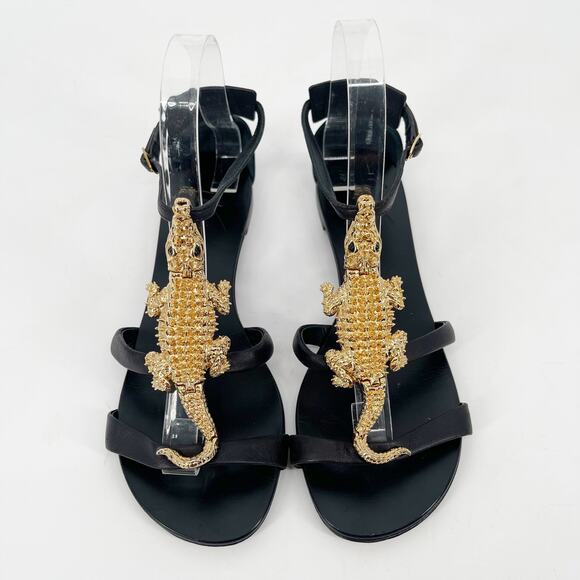 Giuseppe Zanotti Black Leather Gold Crocodile Embellished Flat Sandals IT 37.5 - Picture 6 of 13